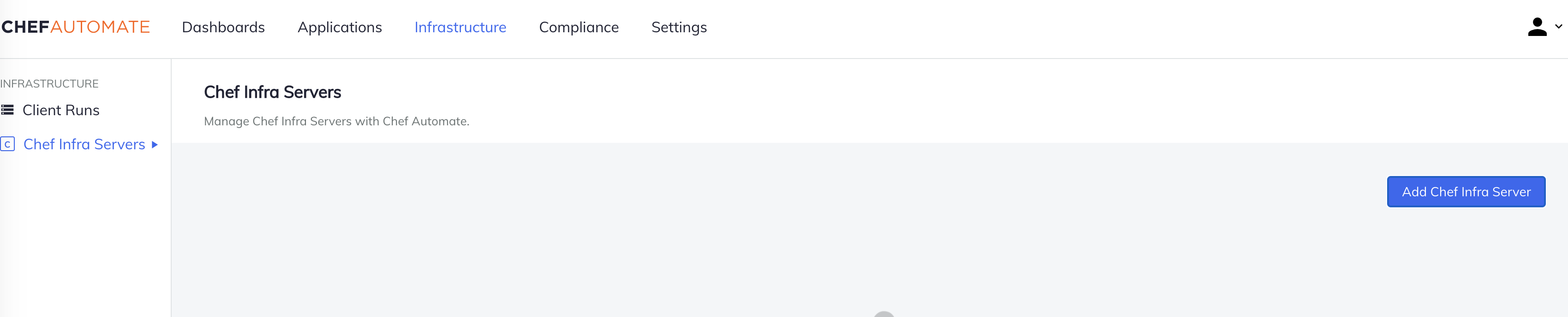 Add Chef Server Chef Automate Infrastructure page showing an empty Chef Infra Servers list with the Add Chef Infra Server button.